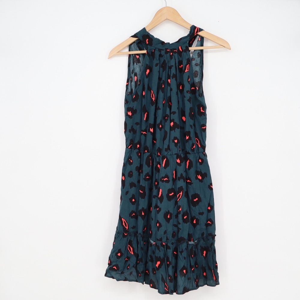 BTFBM Teal Animal Print Halter Mini Dress Sleeveless Ruffle Hem Small